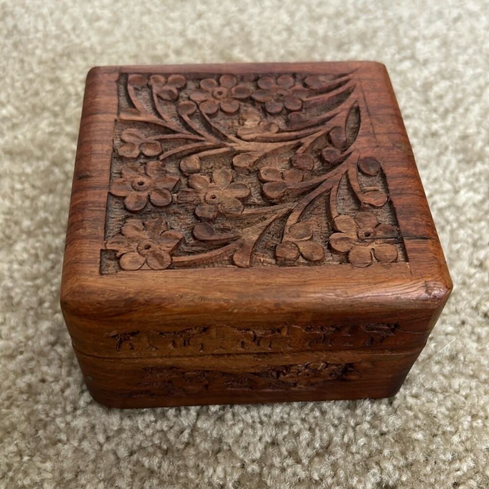 Hand Carved and Nailed Ornate Wooden Square Trinket Box